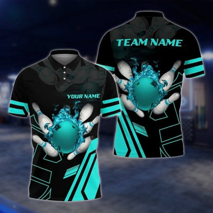 Custom Flame Blue Black Bowling Polo Shirt For Mens, Custom Flame Bowling Team Shirts BZ0187