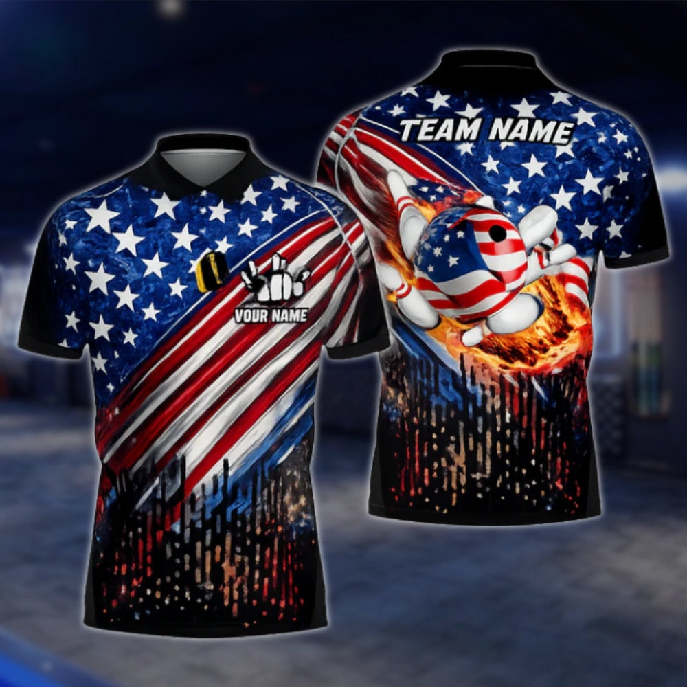 American Flag Custom Flame Ball Bowling Polo Shirt For Mens, Custom Patriotic Bowling Shirts For Team BZ0449