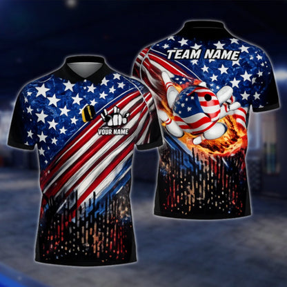 American Flag Custom Flame Ball Bowling Polo Shirt For Mens, Custom Patriotic Bowling Shirts For Team BZ0449