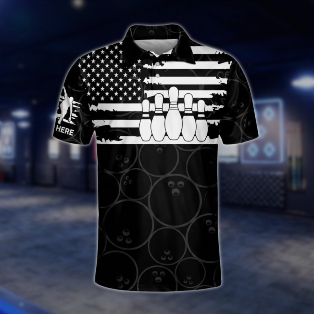 Custom USA Flag Black White Bowling Polo Shirt For Mens, Custom Patriotic Bowling Shirts BM0069