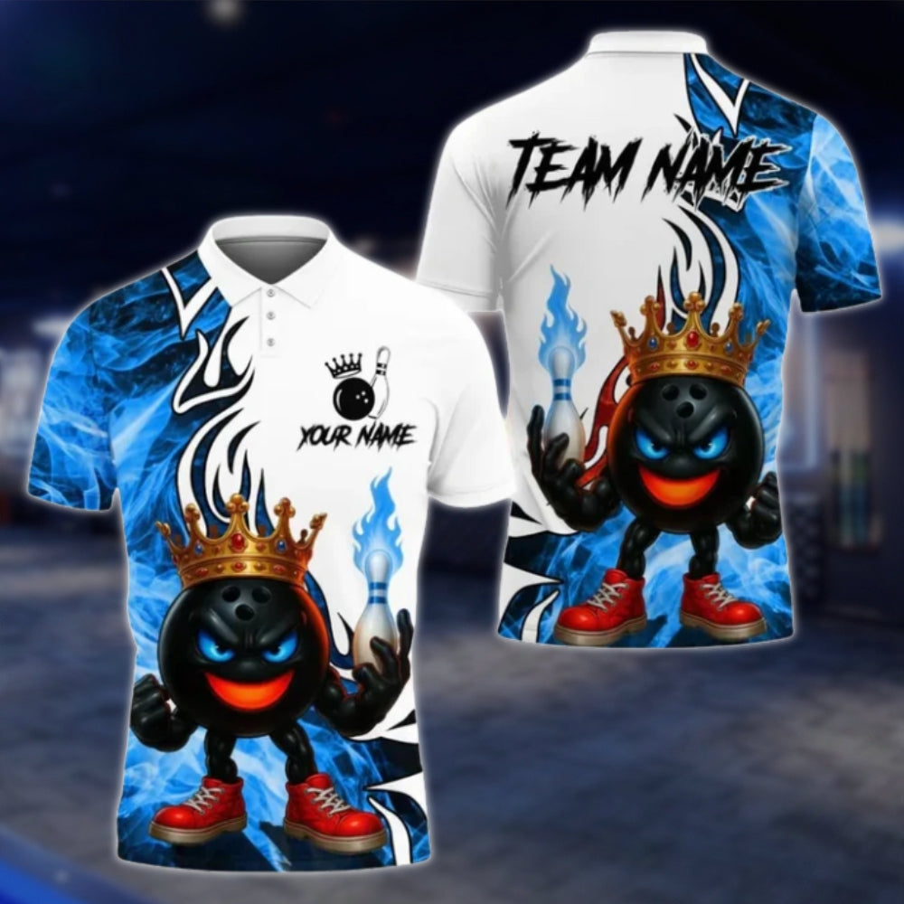 King Balll Fire Custom Mens Bowling Polo Shirt, Custom Flame Bowling Team Shirts BE0128