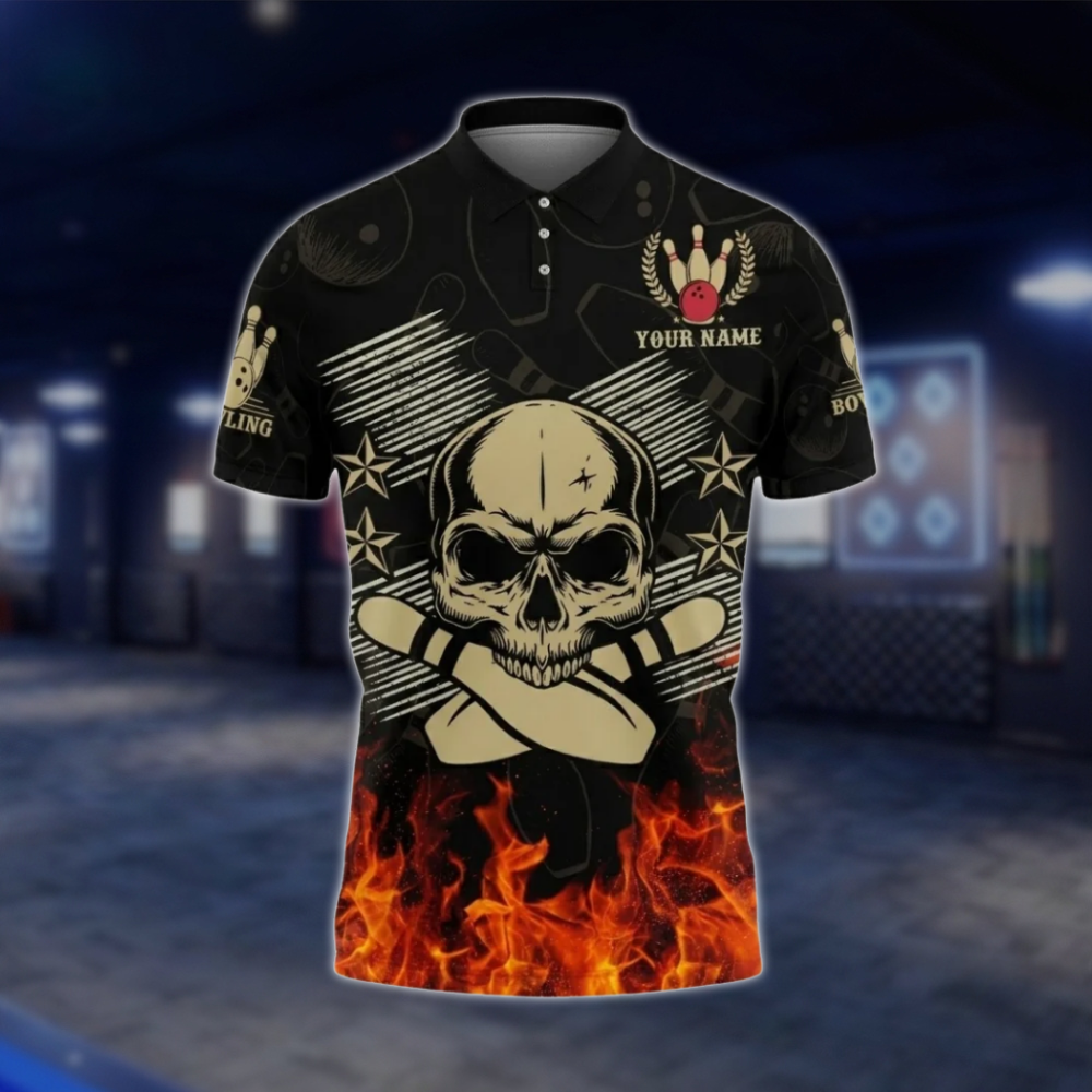 Personalized Skull Flaming Bowling Mens Polo Shirt, Custom Skull Bowling Shirt BZ0769