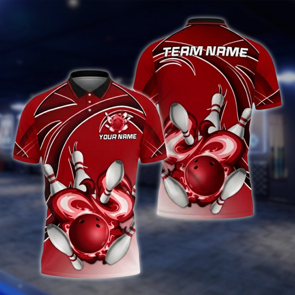 Personalized Flame Red Mens Bowling Polo Shirt, Custom Team Flame Bowling Shirts BZ0757