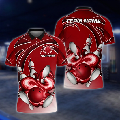 Personalized Flame Red Mens Bowling Polo Shirt, Custom Team Flame Bowling Shirts BZ0757
