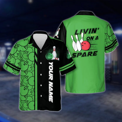 Custom Livin' On A Spare Green Bowling Hawaiian Shirt Men Women, Funny Custom Bowling Shirts BZ0015