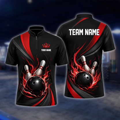 Personalized Flame Red Black Bowling Mens Jersey, Custom Flame Bowling Shirt For Team BZ0923