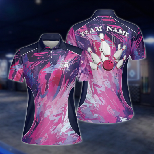 Custom Team Pink Blue Painted Color Womens Bowling Polo Shirt, Custom Bowling Shirts For Ladies BE0006