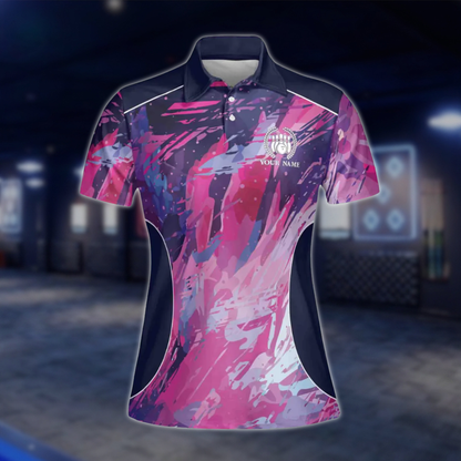 Custom Team Pink Blue Painted Color Womens Bowling Polo Shirt, Custom Bowling Shirts For Ladies BE0006