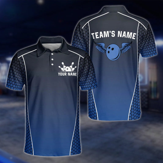 Custom Team Black Blue Bowling Polo Shirt Mens, Custom Bowling Shirts BZ0079