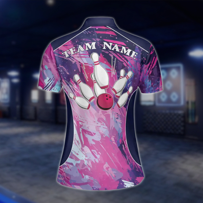 Custom Team Pink Blue Painted Color Womens Bowling Polo Shirt, Custom Bowling Shirts For Ladies BE0006