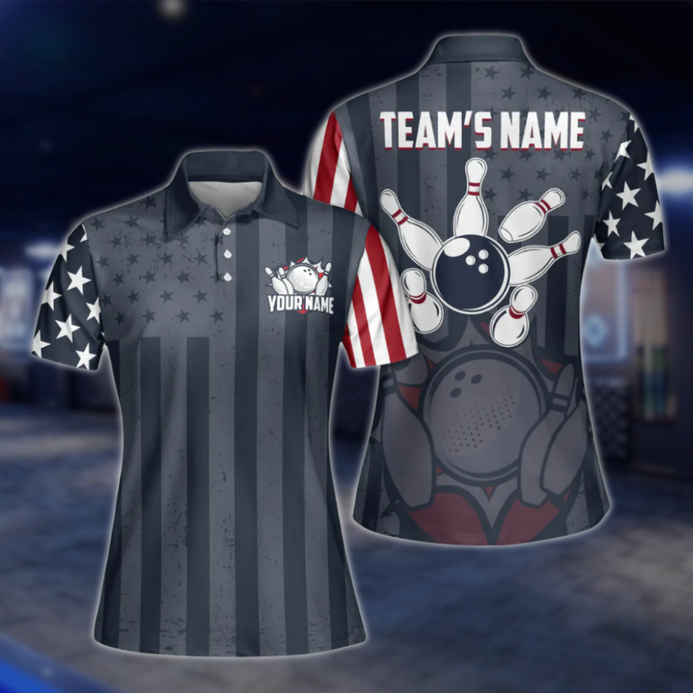 Custom USA Flag Womens Navy Bowling Polo Shirt, Custom Patriotic Bowling Team Shirts For Womens BZ0095