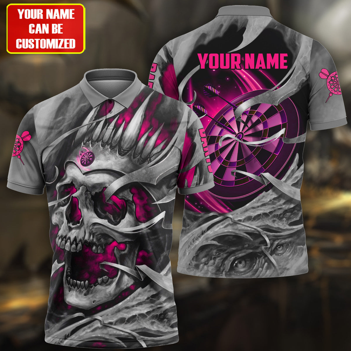 Multicolor Teal Skull Personalized Darts Button Polo