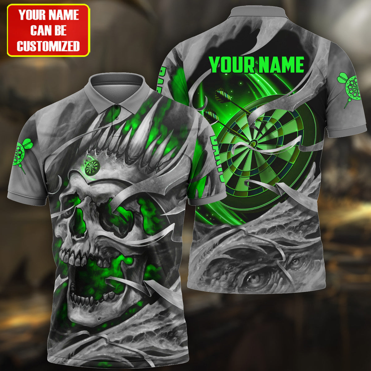 Multicolor Teal Skull Personalized Darts Button Polo