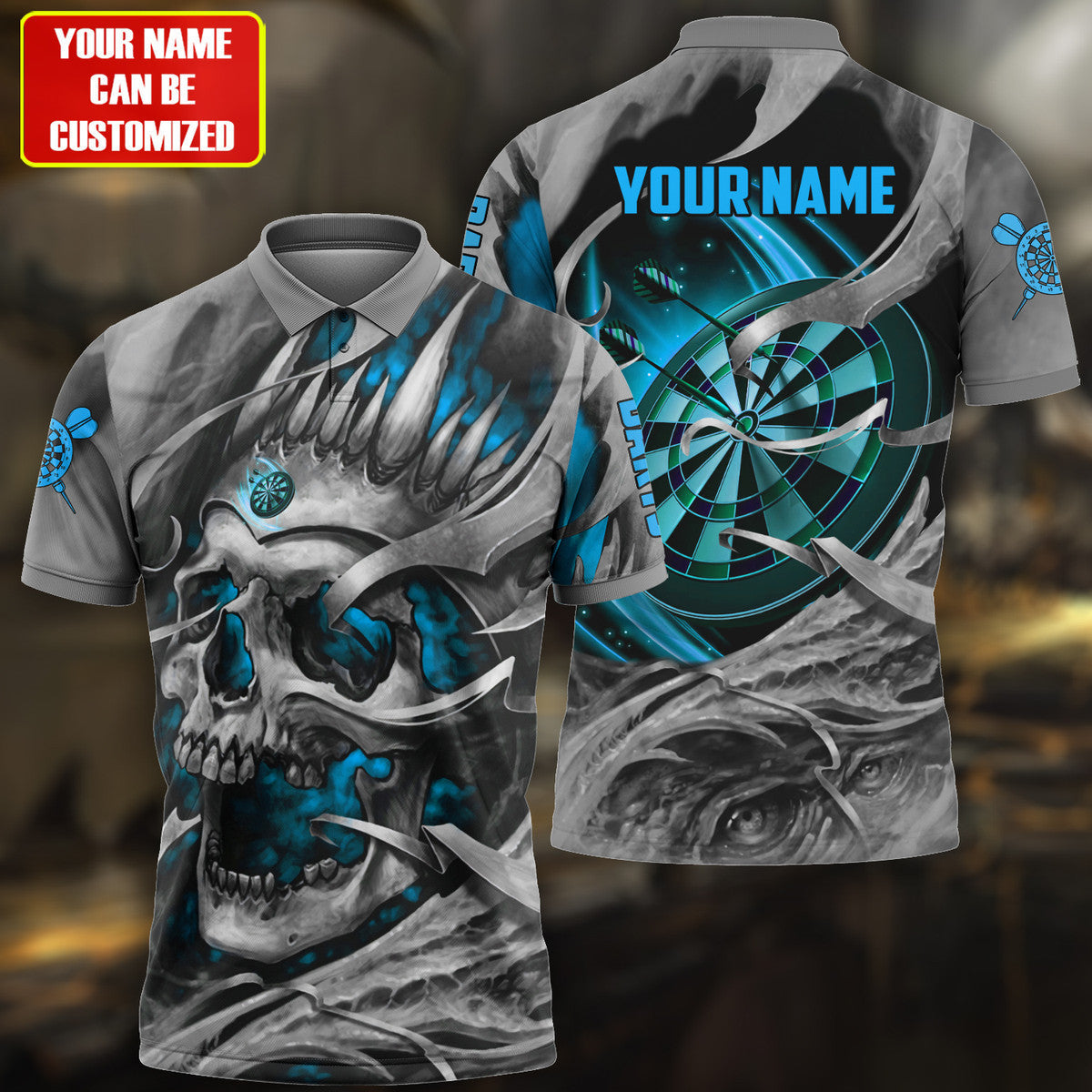 Multicolor Teal Skull Personalized Darts Button Polo