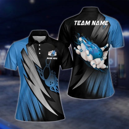 Blue Flame Custom Bowling Womens Polo Shirt, Custom Team Flame Bowling Polo Shirt Ladies BW0126