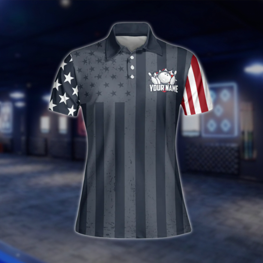 Custom USA Flag Womens Navy Bowling Polo Shirt, Custom Patriotic Bowling Team Shirts For Womens BZ0095