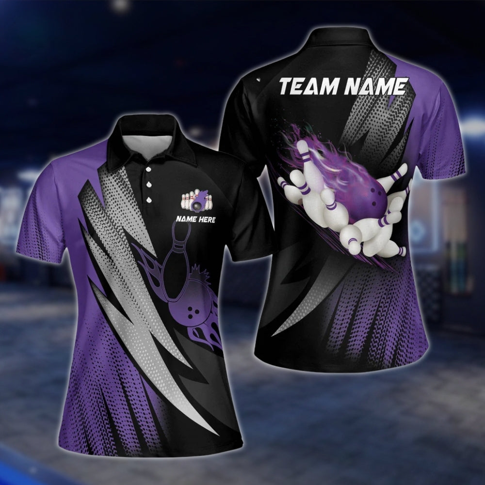 Blue Flame Custom Bowling Womens Polo Shirt, Custom Team Flame Bowling Polo Shirt Ladies BW0126