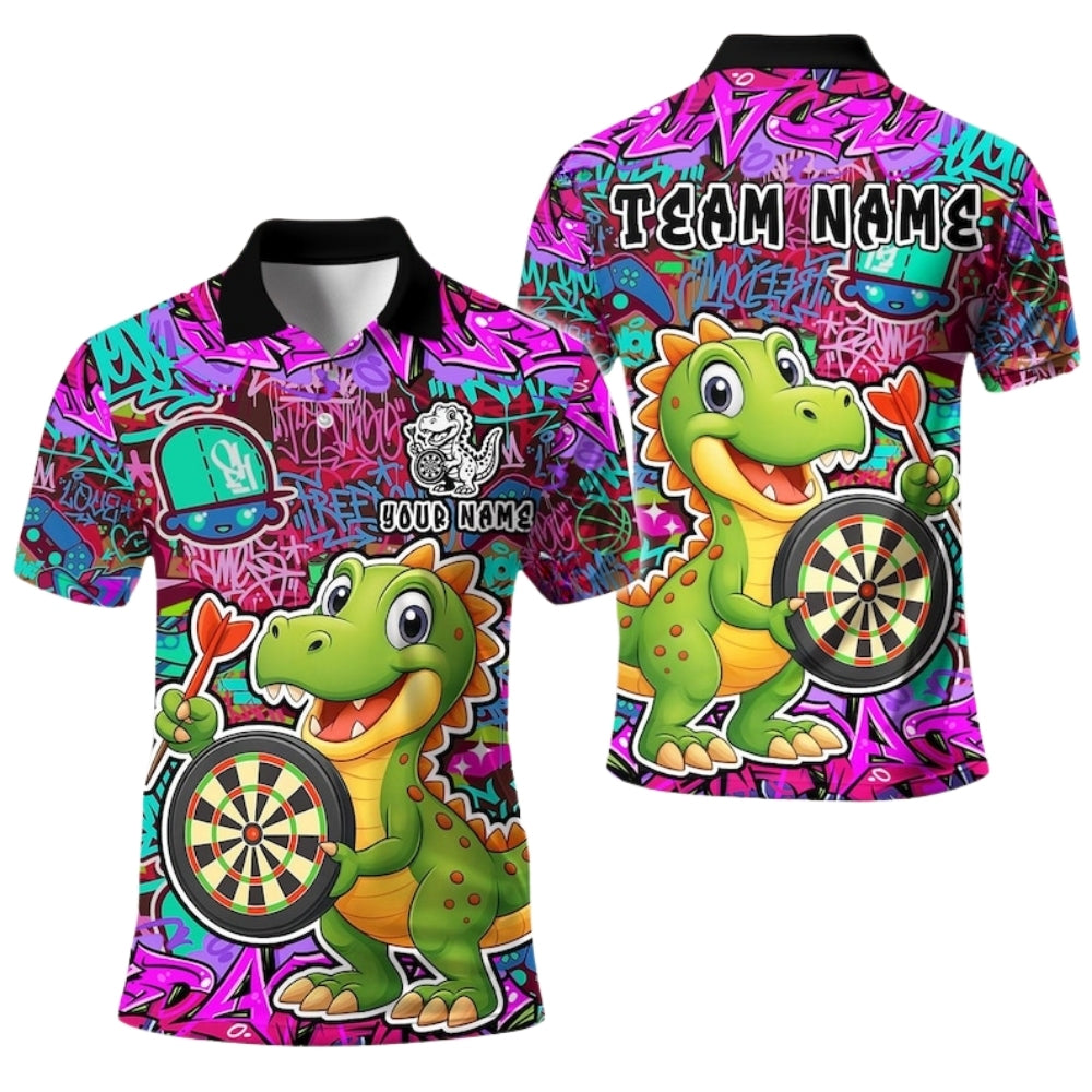 Graffiti Funny Dinosaur Mens Personalized Darts Button Polo