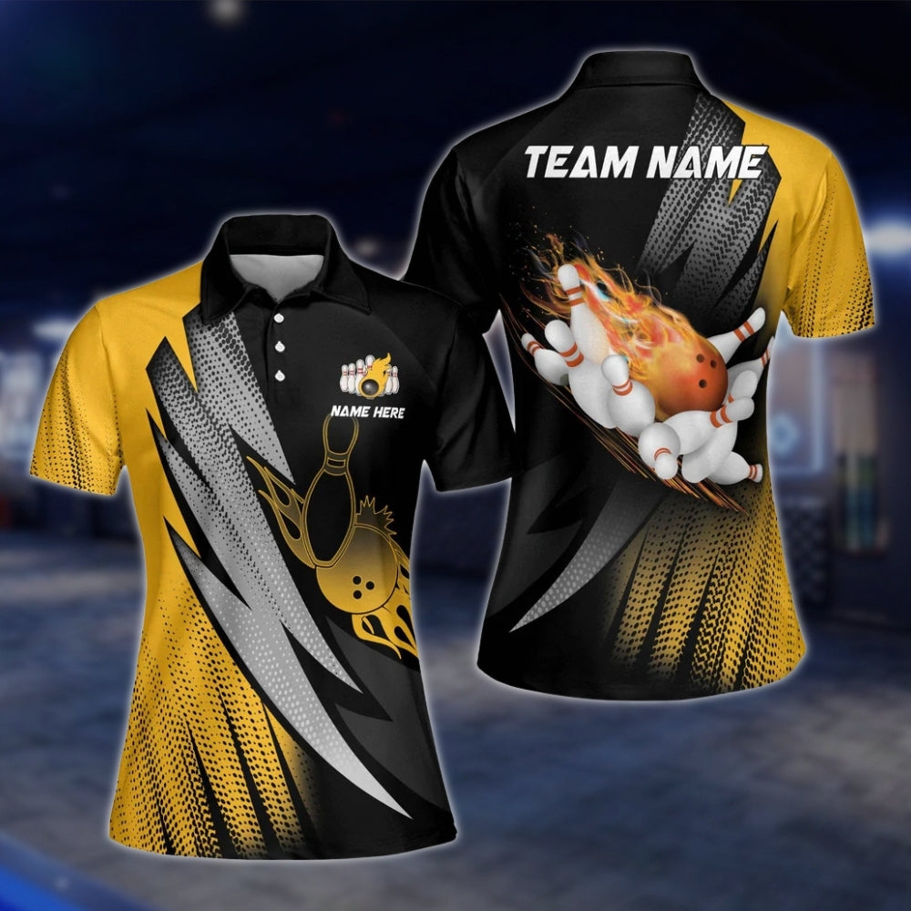Blue Flame Custom Bowling Womens Polo Shirt, Custom Team Flame Bowling Polo Shirt Ladies BW0126