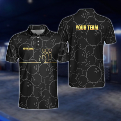 Custom Team Black Gold Bowling Polo Shirt, Custom Bowling Team Shirts BO0227