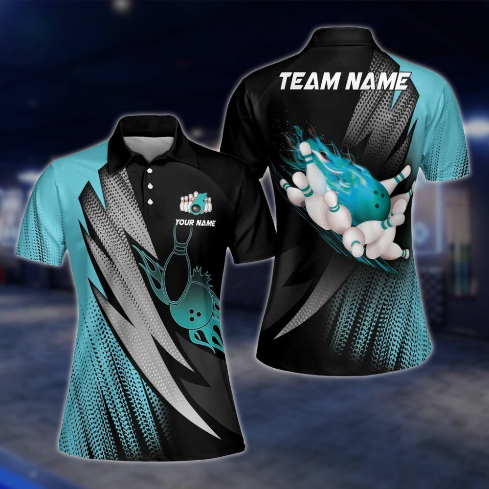 Blue Flame Custom Bowling Womens Polo Shirt, Custom Team Flame Bowling Polo Shirt Ladies BW0126