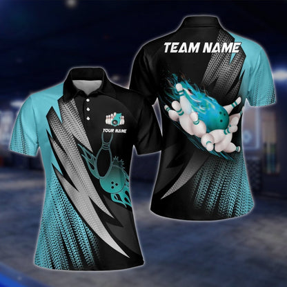 Blue Flame Custom Bowling Womens Polo Shirt, Custom Team Flame Bowling Polo Shirt Ladies BW0126