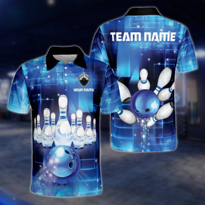 Custom Team Black Blue Lightning Mens Bowling Polo Shirt, Custom Bowling Team Shirts BZ0074