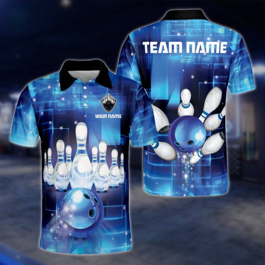Custom Team Black Blue Lightning Mens Bowling Polo Shirt, Custom Bowling Team Shirts BZ0074