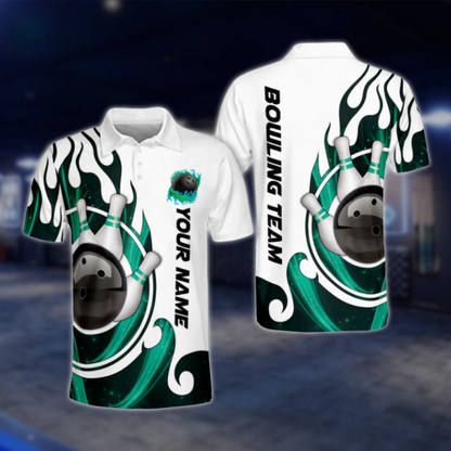 Personalised Men's White Blue Flame Bowling Polo Shirts, Custom Flame Bowling Team Shirts BM0279