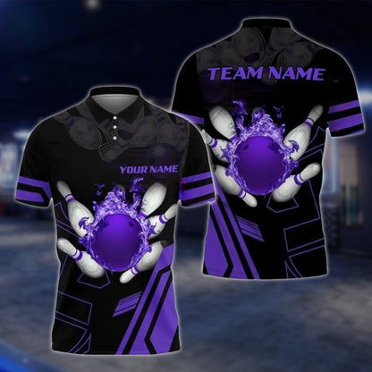 Custom Flame Blue Black Bowling Polo Shirt For Mens, Custom Flame Bowling Team Shirts BZ0187