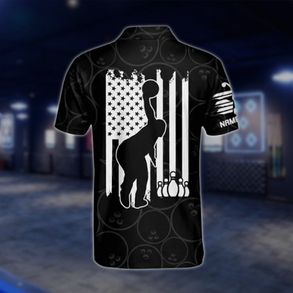Custom USA Flag Black White Bowling Polo Shirt For Mens, Custom Patriotic Bowling Shirts BM0069