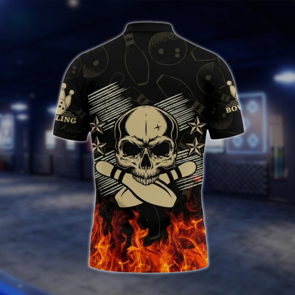 Personalized Skull Flaming Bowling Mens Polo Shirt, Custom Skull Bowling Shirt BZ0769