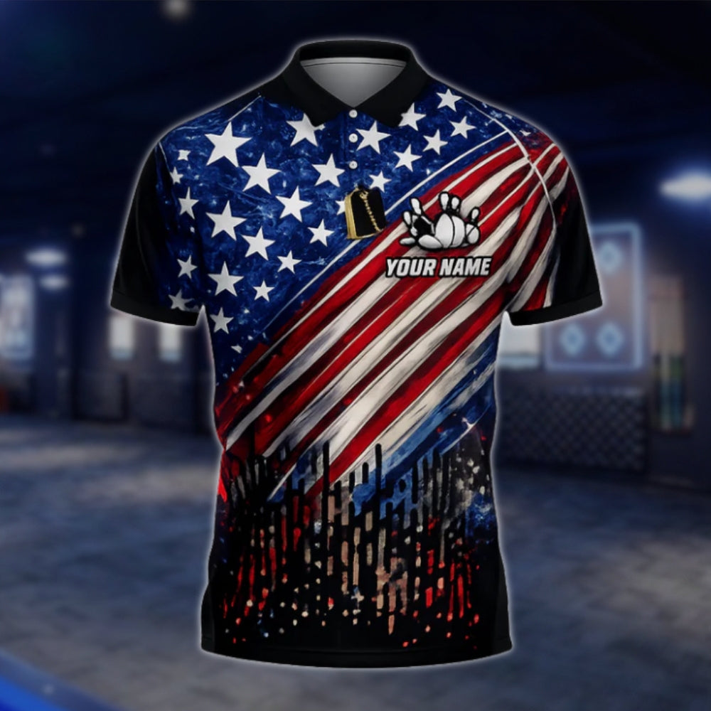 American Flag Custom Flame Ball Bowling Polo Shirt For Mens, Custom Patriotic Bowling Shirts For Team BZ0449