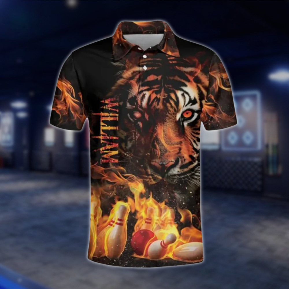 Personalised Tiger Bowling Polo Shirts For Men, Custom Tiger Flame Bowling Team Shirts BZ0326