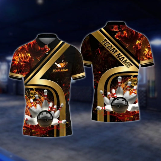 Custom Flame Gold Red Bowling Polo Shirt For Mens, Custom Team Flame Bowling Shirts BO0418