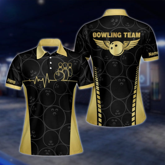 Black And Gold Custom Team Womens Bowling Polo Shirt, Custom Bowling Shirts For Ladies BW0124
