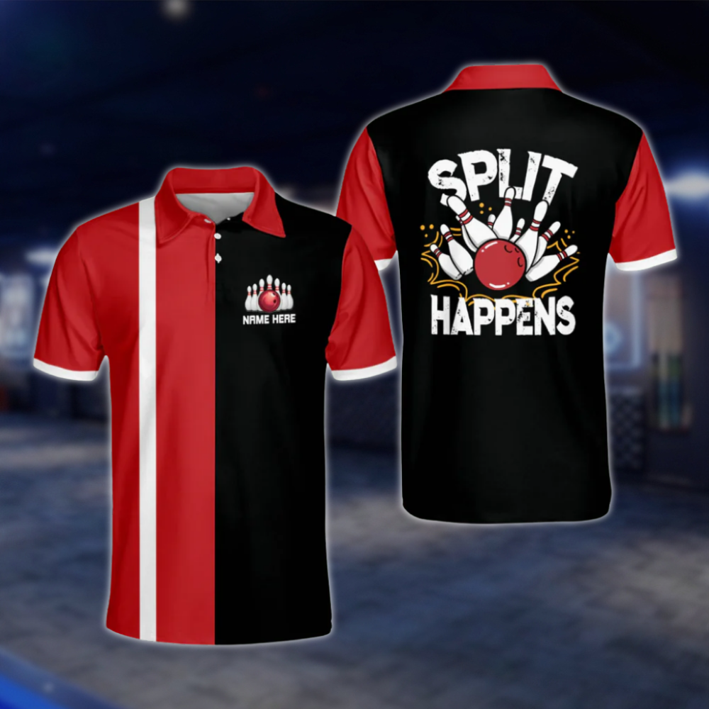Split Happens Custom Name Red Black Bowling Polo Shirt For Men, Custom Funny Bowling Shirts BM0228