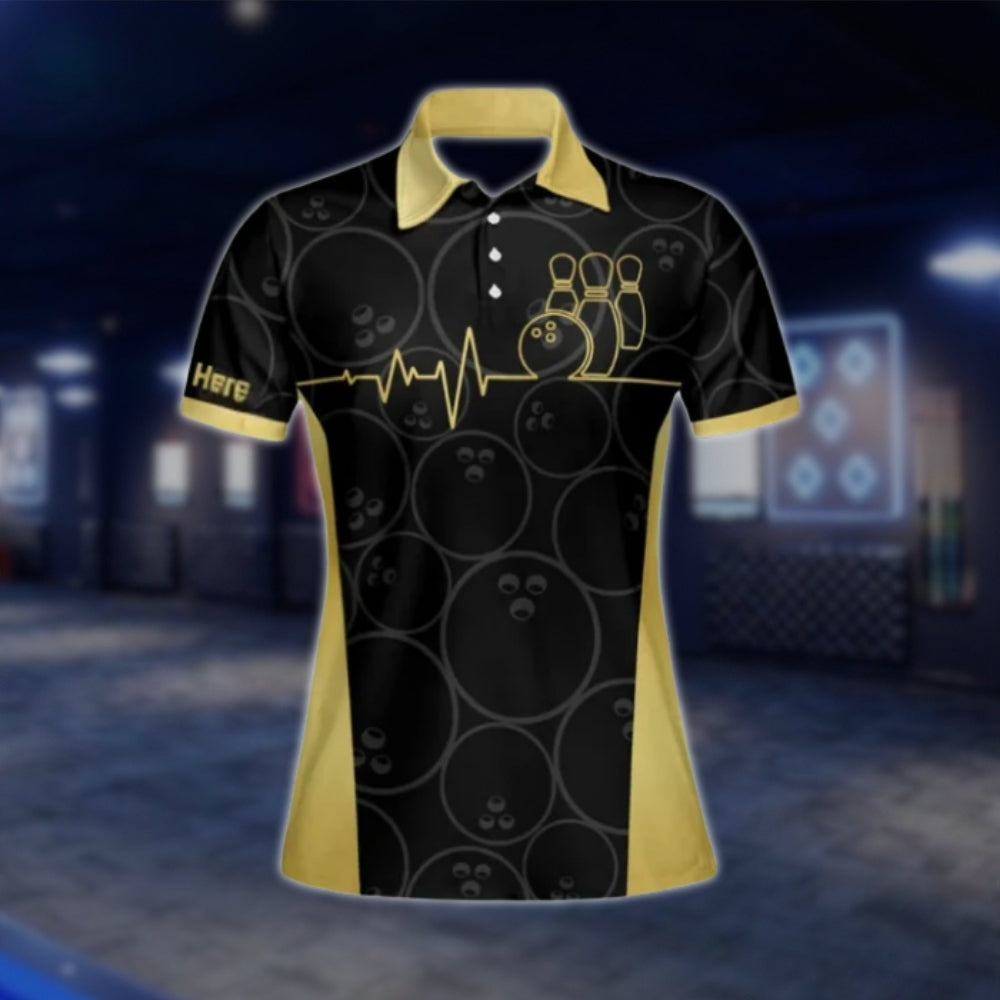 Black And Gold Custom Team Womens Bowling Polo Shirt, Custom Bowling Shirts For Ladies BW0124