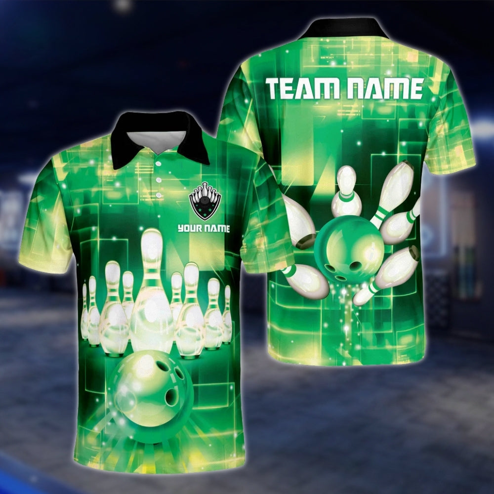 Custom Team Black Blue Lightning Mens Bowling Polo Shirt, Custom Bowling Team Shirts BZ0074