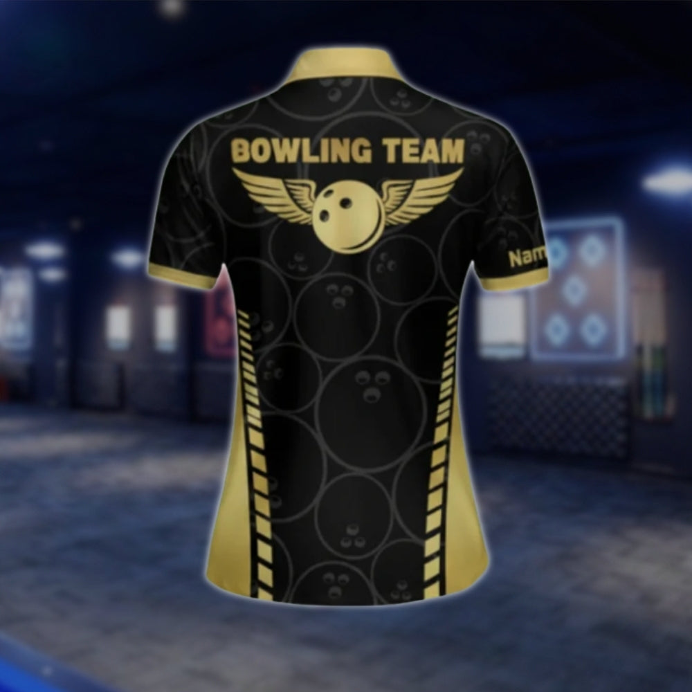 Black And Gold Custom Team Womens Bowling Polo Shirt, Custom Bowling Shirts For Ladies BW0124