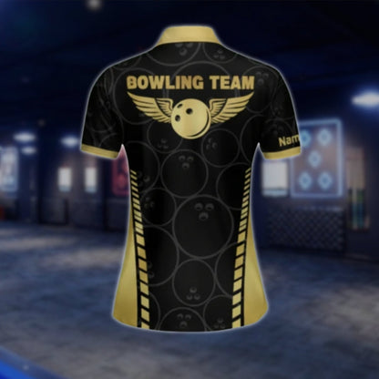 Black And Gold Custom Team Womens Bowling Polo Shirt, Custom Bowling Shirts For Ladies BW0124