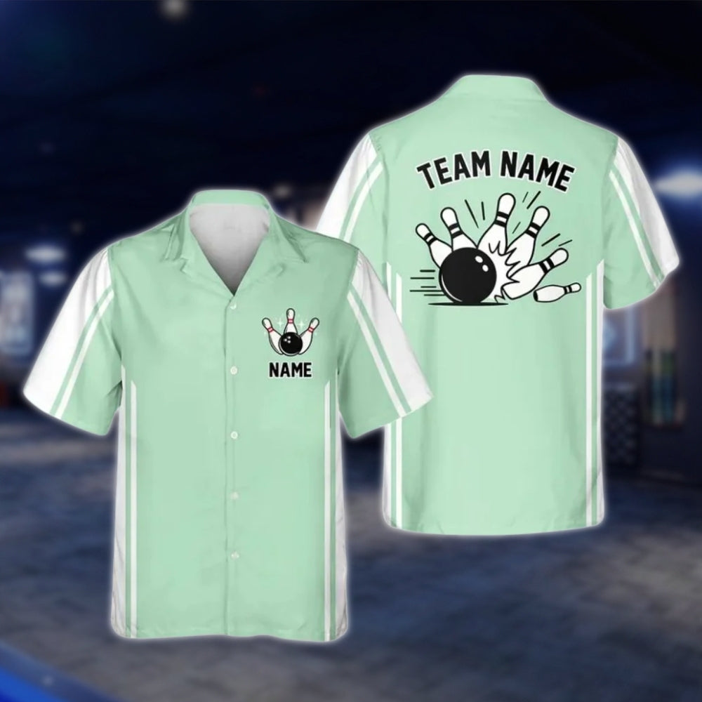 Custom Green White Retro Bowling Hawaiian Shirt For Men Women, Custom Retro Bowling Team Shirts BE0107