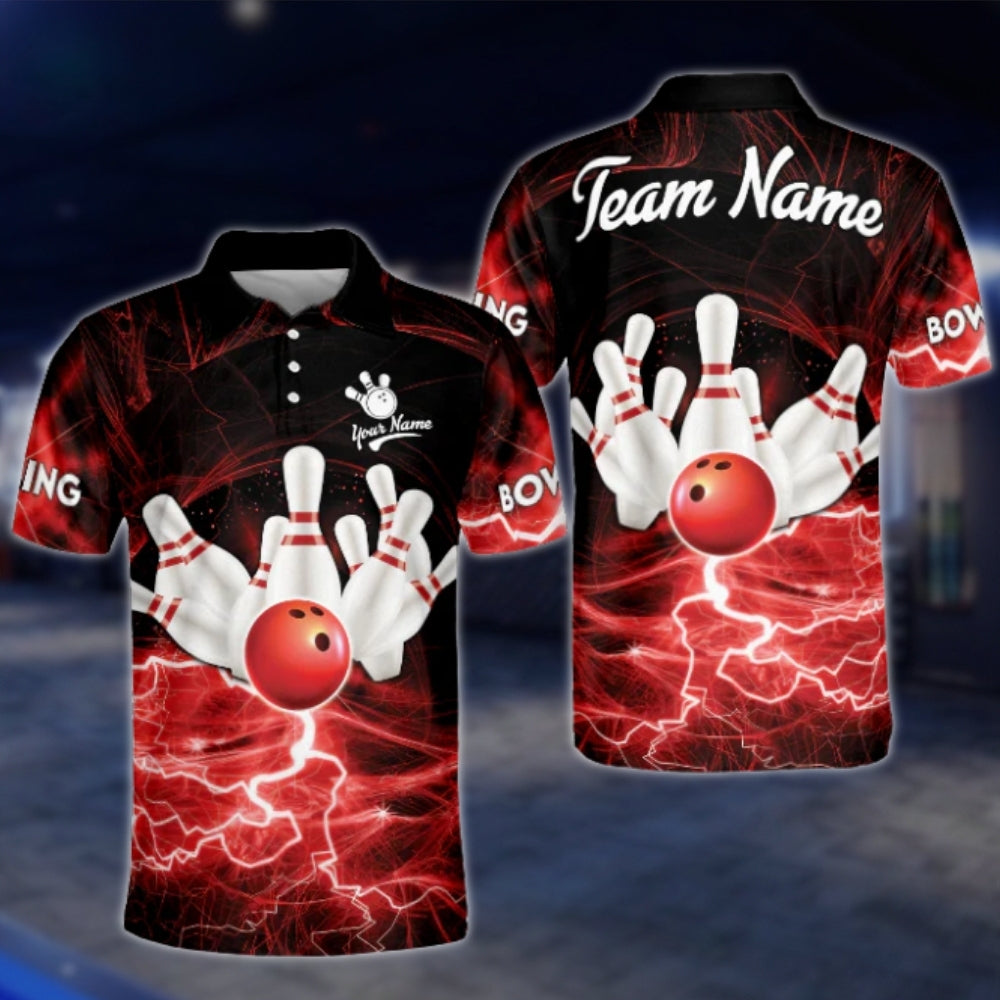 Custom Red Lightning Bowling Team Polo Shirts For Mens, Custom Bowling Shirts BZ0073