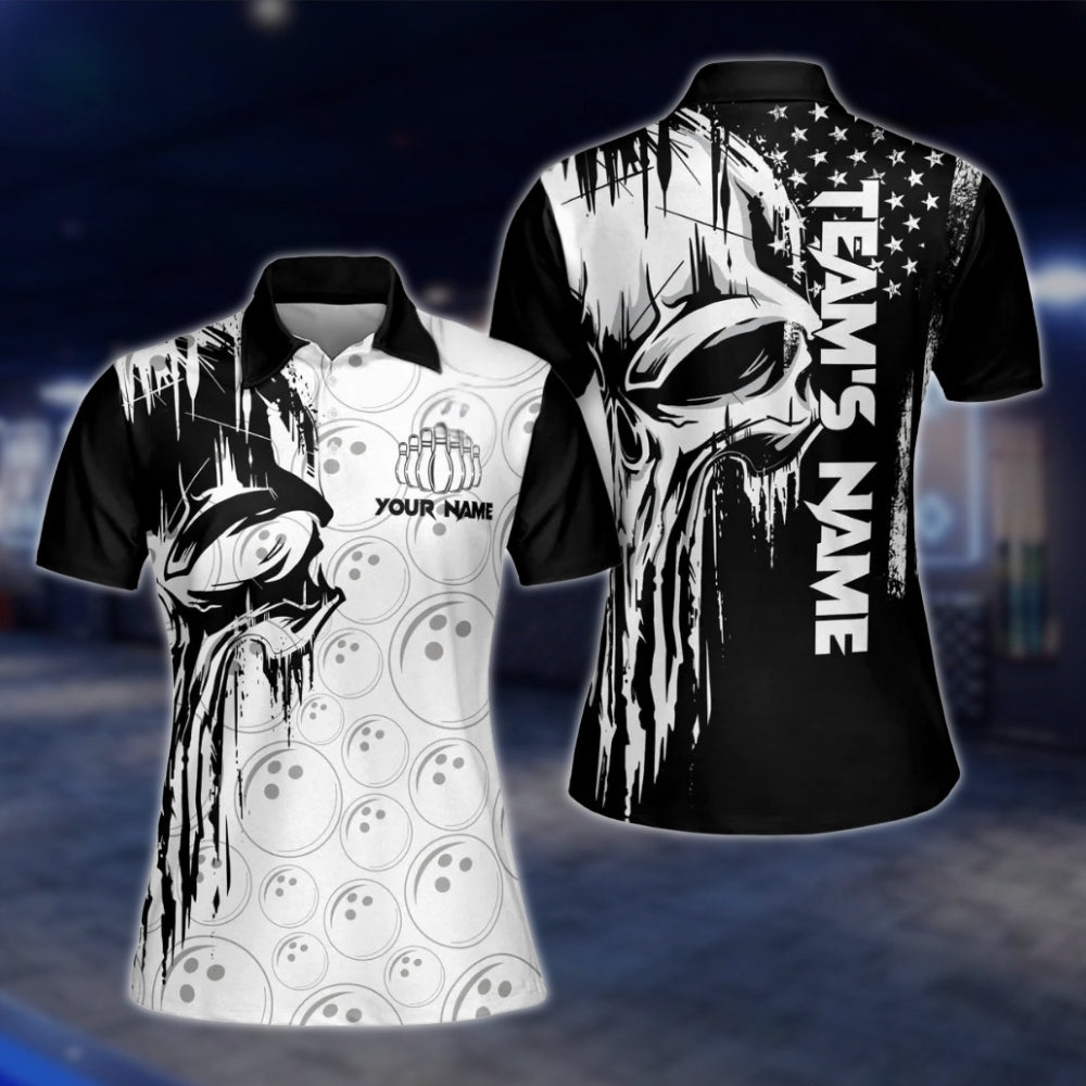 Skull Black And White Custom Womens Bowling Polo Shirt, Custom Skull Bowling Team Shirts Women BW0123