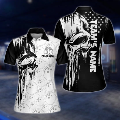 Skull Black And White Custom Womens Bowling Polo Shirt, Custom Skull Bowling Team Shirts Women BW0123