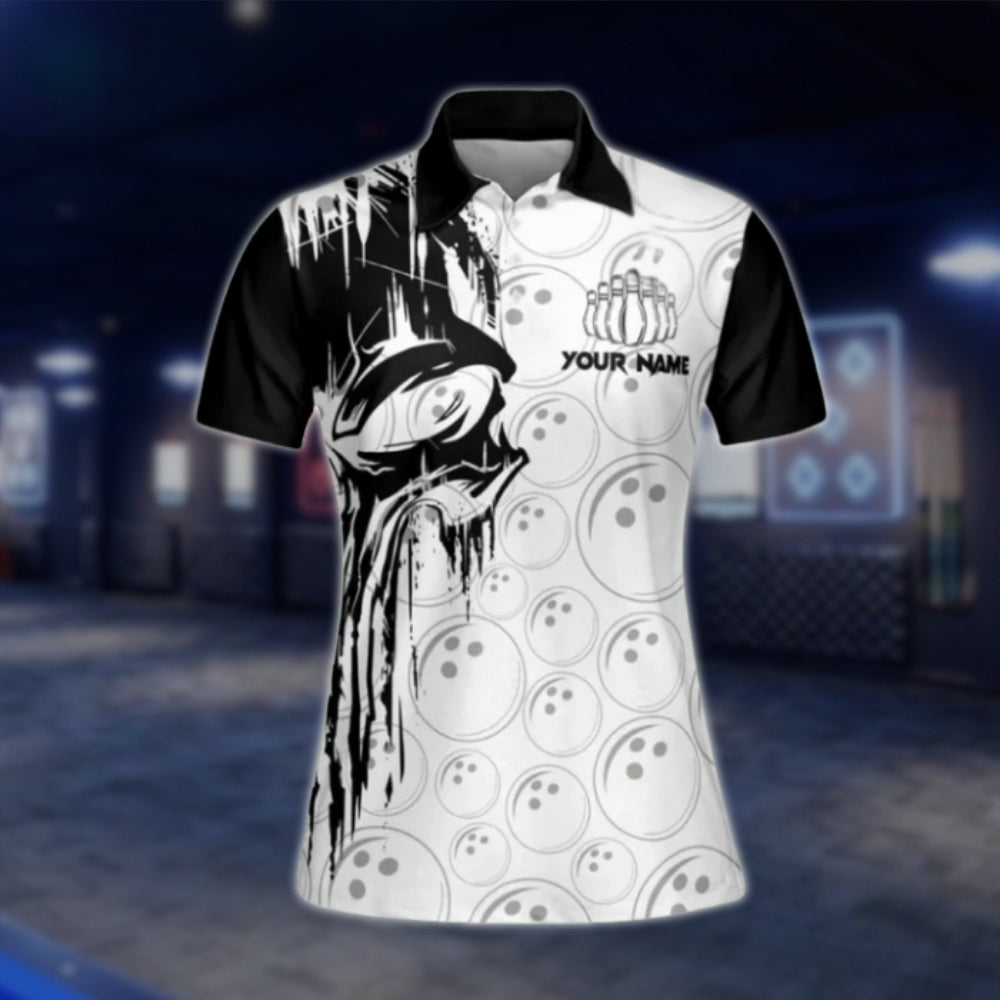 Skull Black And White Custom Womens Bowling Polo Shirt, Custom Skull Bowling Team Shirts Women BW0123