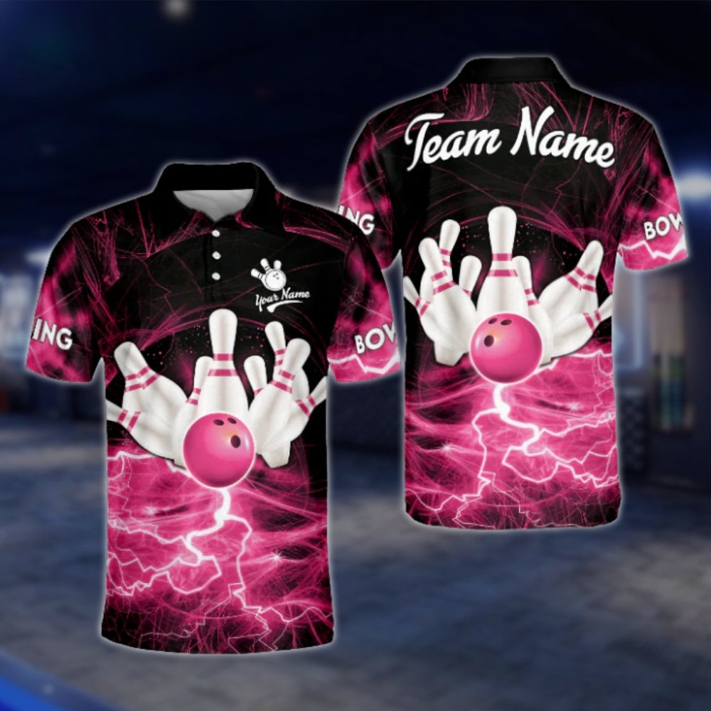 Custom Red Lightning Bowling Team Polo Shirts For Mens, Custom Bowling Shirts BZ0073