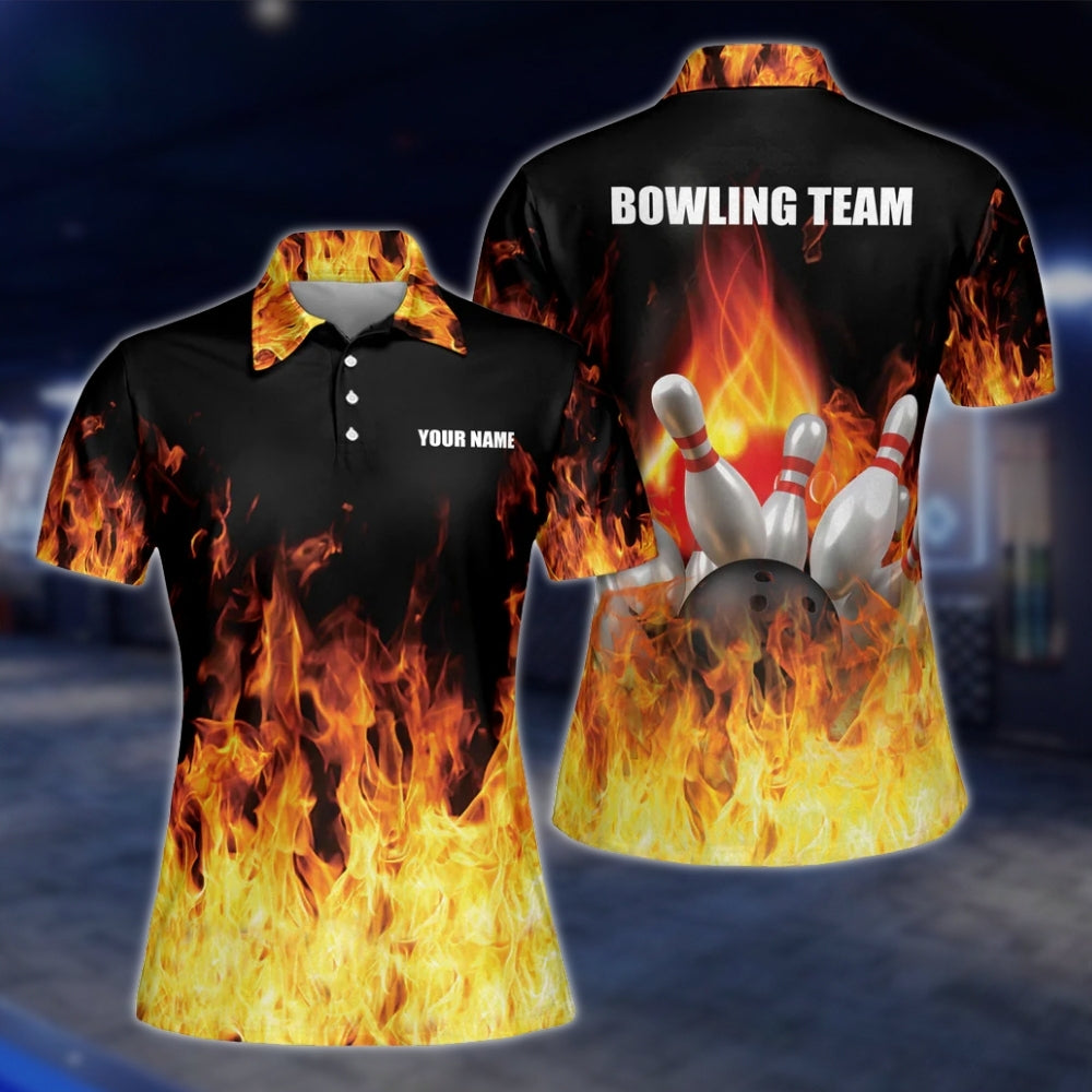 Custom Fire Black Orange Bowling Polo Shirt For Women, Custom Flame Bowling Team Shirts For Ladies BW0121