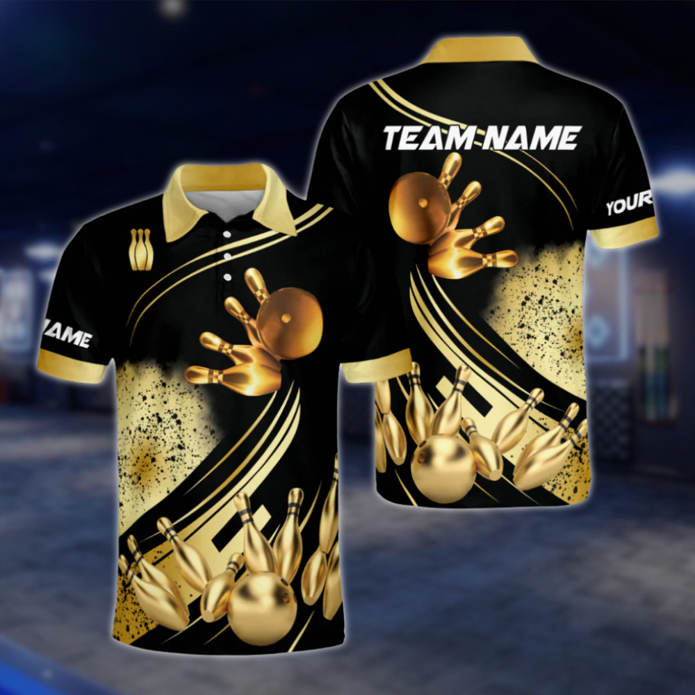 Custom Team Black And Gold Bowling Polo Shirt For Men, Custom Bowling Shirts BE0023