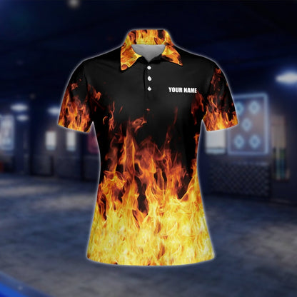 Custom Fire Black Orange Bowling Polo Shirt For Women, Custom Flame Bowling Team Shirts For Ladies BW0121